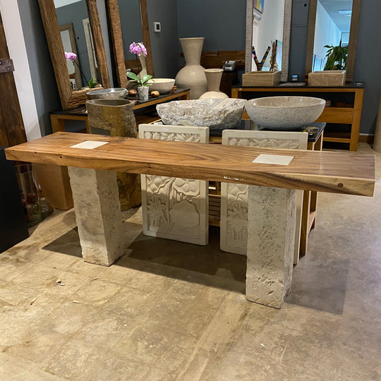Live Edge Desk Console , Single Wood Slabs on Limestone Base