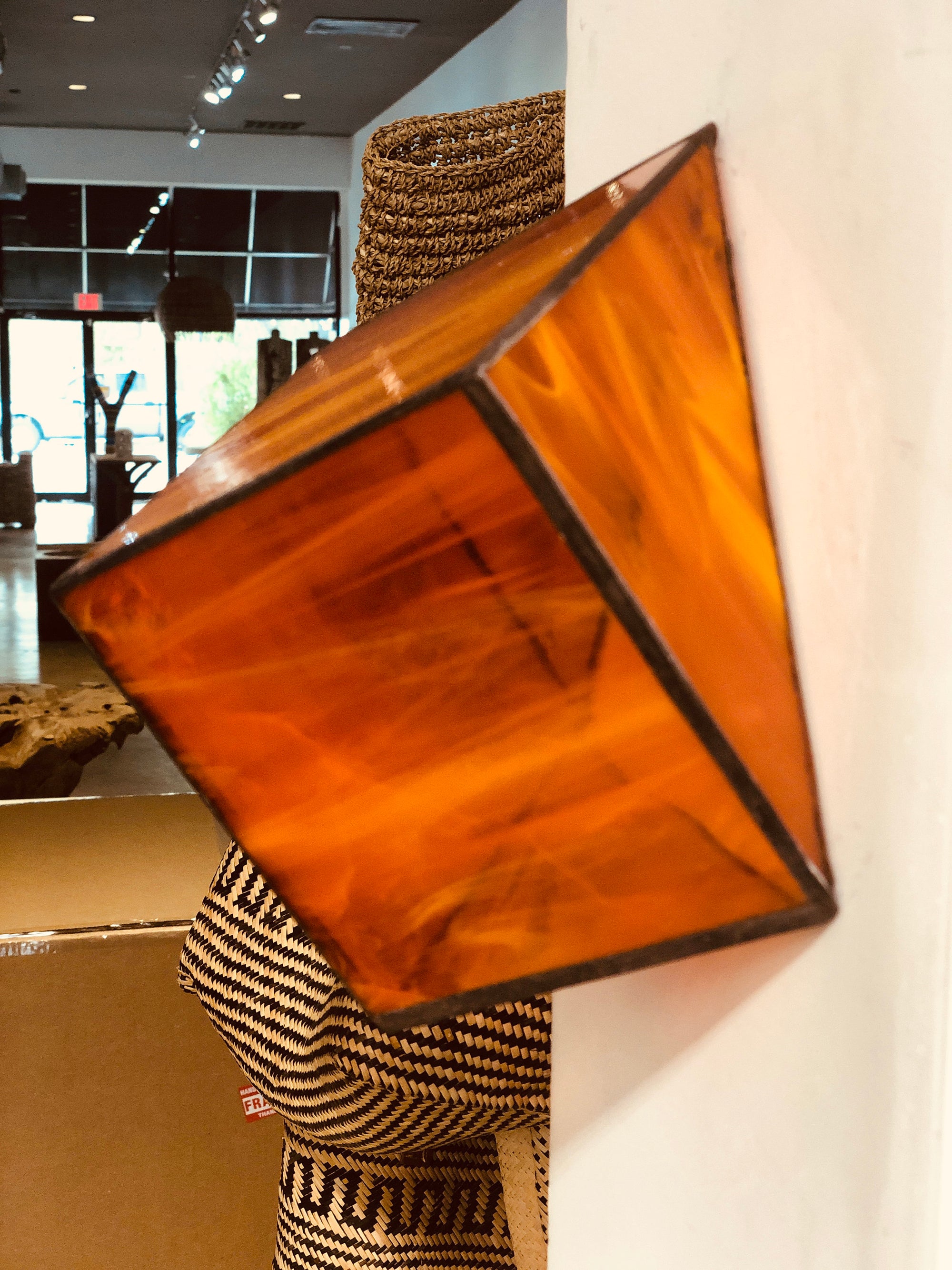 Orange Stained Glass semi transparent 3D geometric cube wall or surface Sculpture Decor