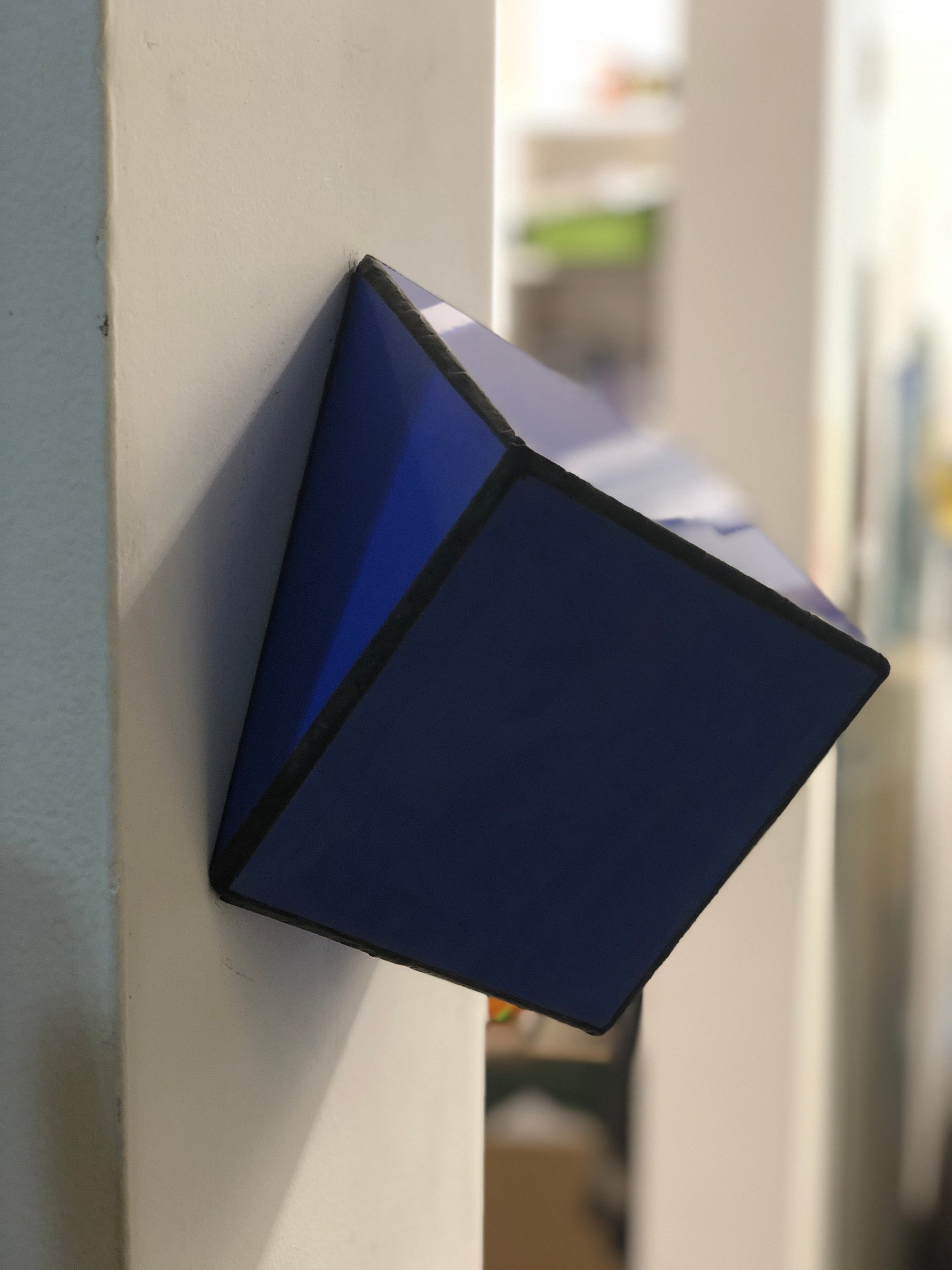 Blue Stained Glass 3D geometric cube on wall or surface Sculpture Decor