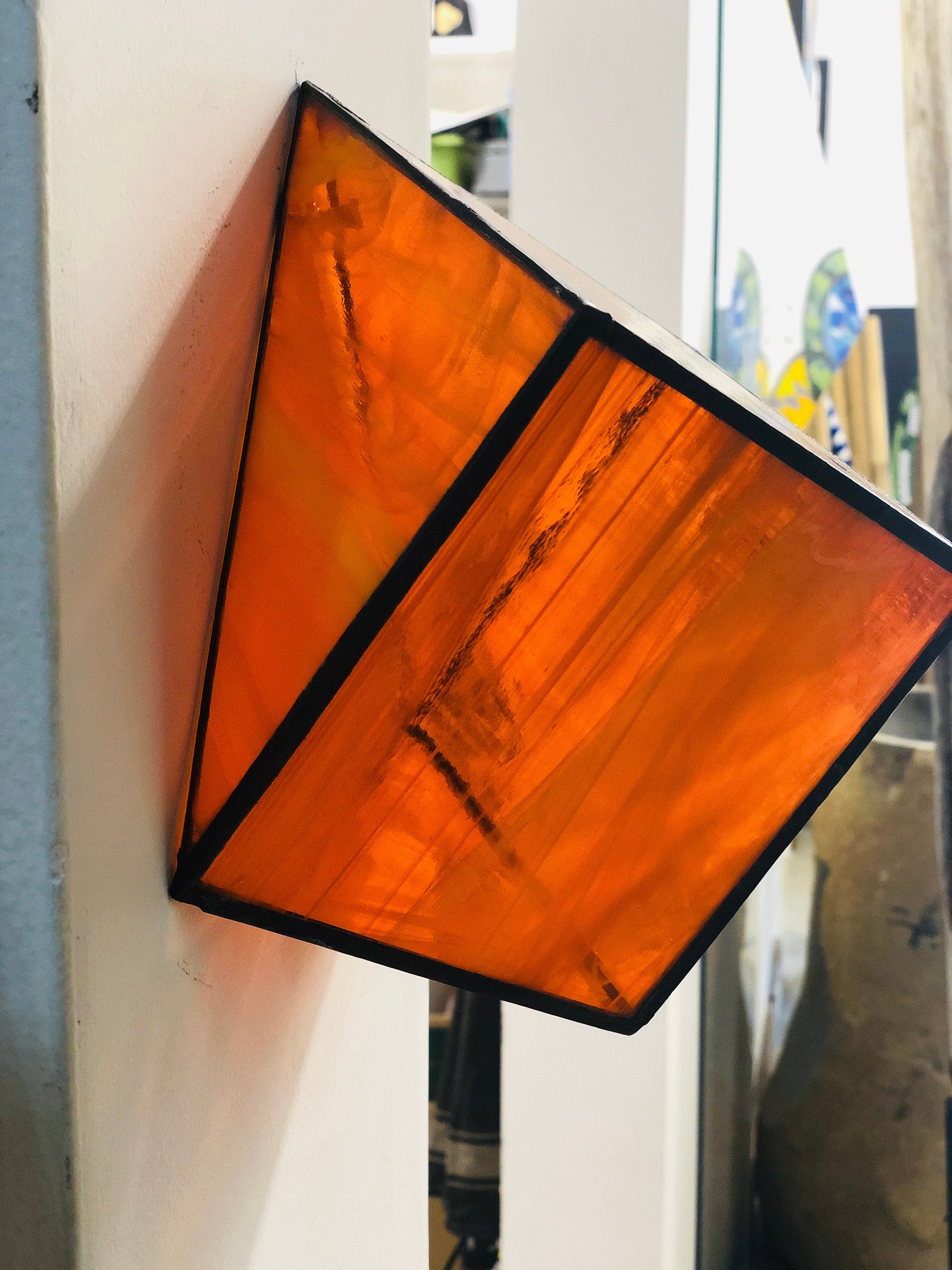 Orange Stained Glass semi transparent 3D geometric cube wall or surface Sculpture Decor