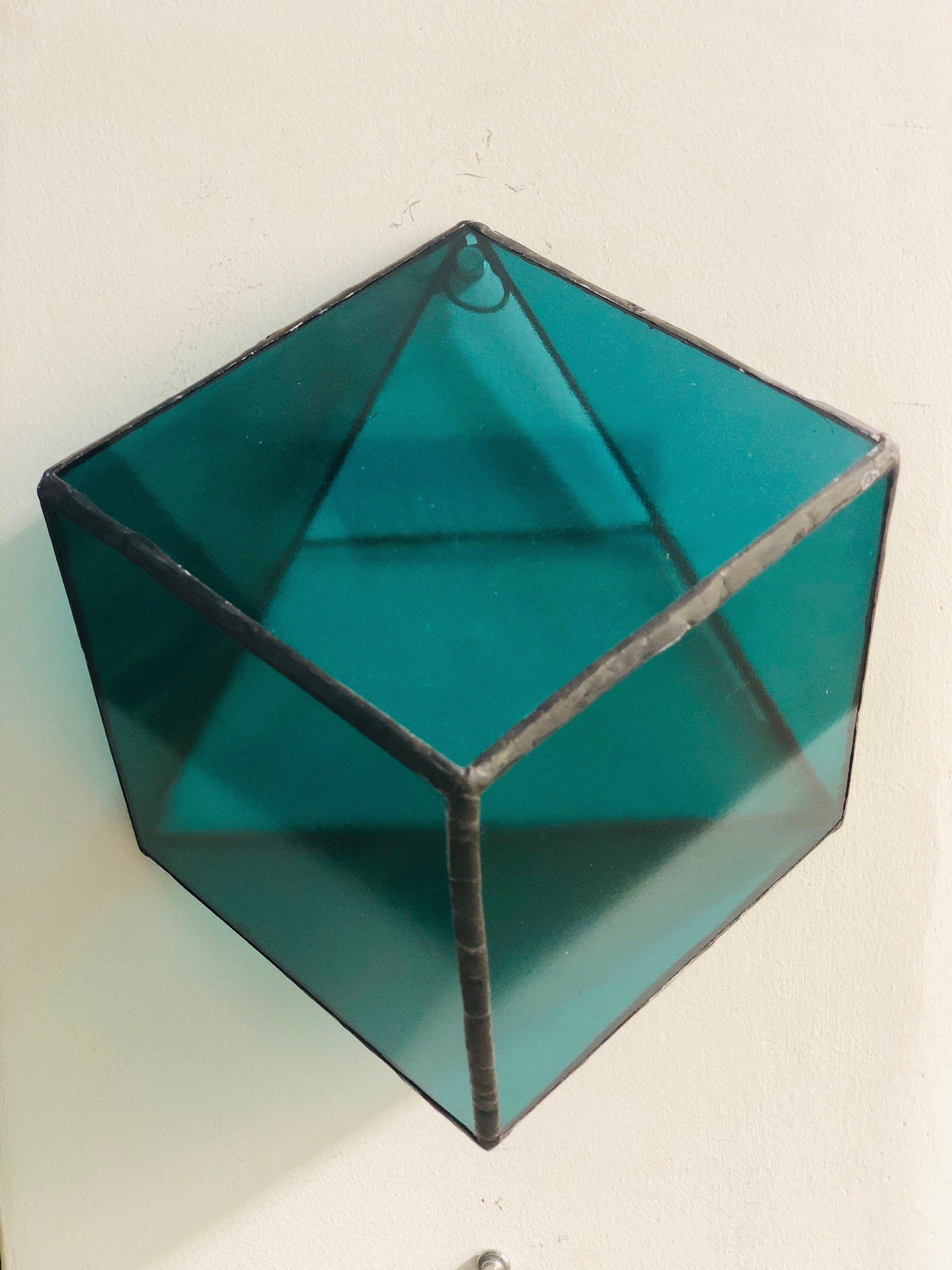 Stained green transparent glass 3D geometric cube wall or table top decoration Sculpture Tiffany technique - Large, Platonic Solid