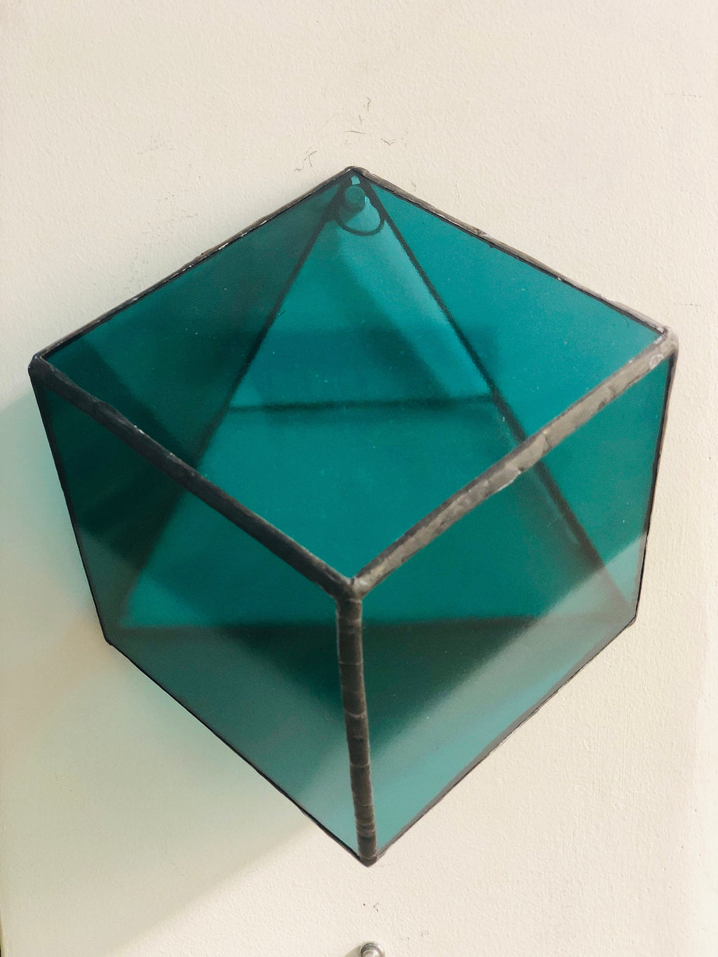 Stained green transparent glass 3D geometric cube Sculpture Tiffany technique - Large, Platonic Solid