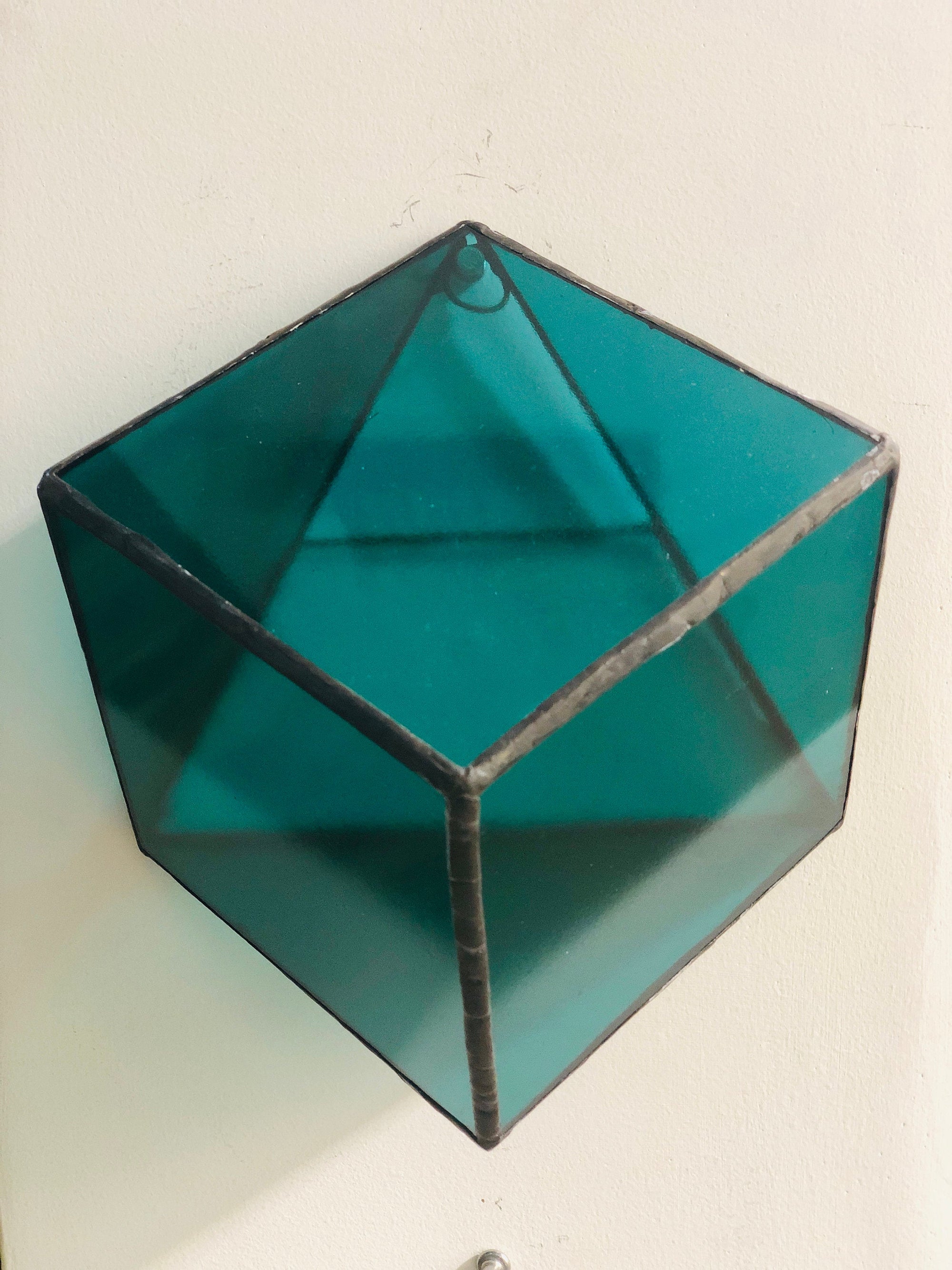 Stained green transparent glass 3D geometric cube Sculpture Tiffany technique - Large, Platonic Solid