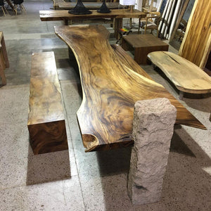 156"  Ultra Long Live Edge Dining Table | Unique Contrast Between Wooden Slab and Limestone Base