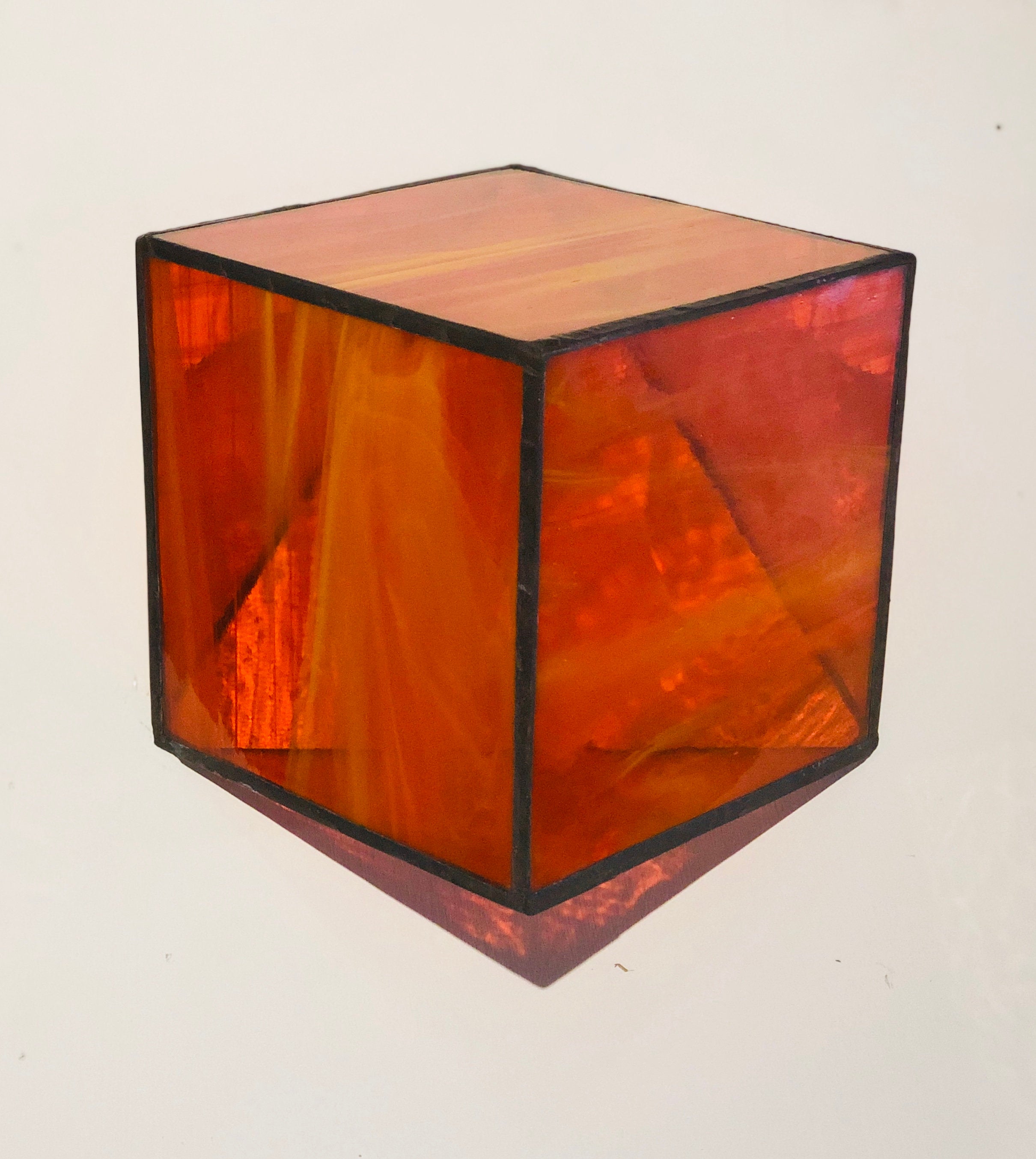 Stained Orange semi transparent glass 3D geometric cube wall or table top decoration Sculpture Tiffany technique - Large, Platonic Solid