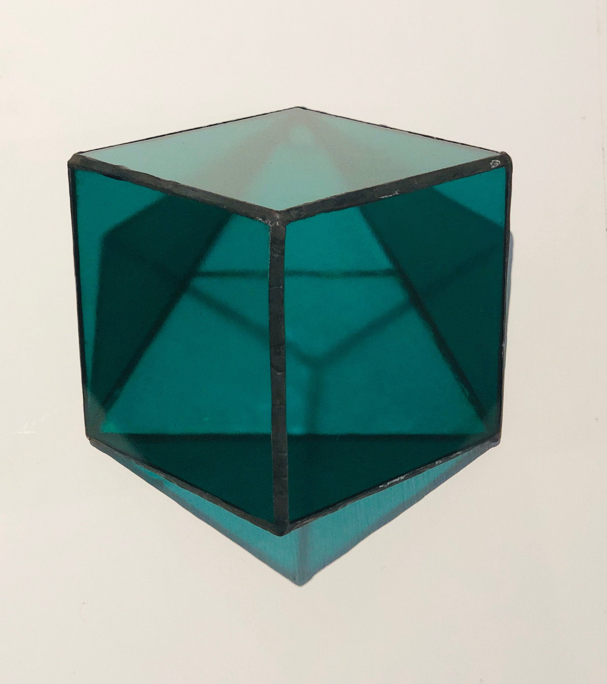 Stained green transparent glass 3D geometric cube Sculpture Tiffany technique - Large, Platonic Solid