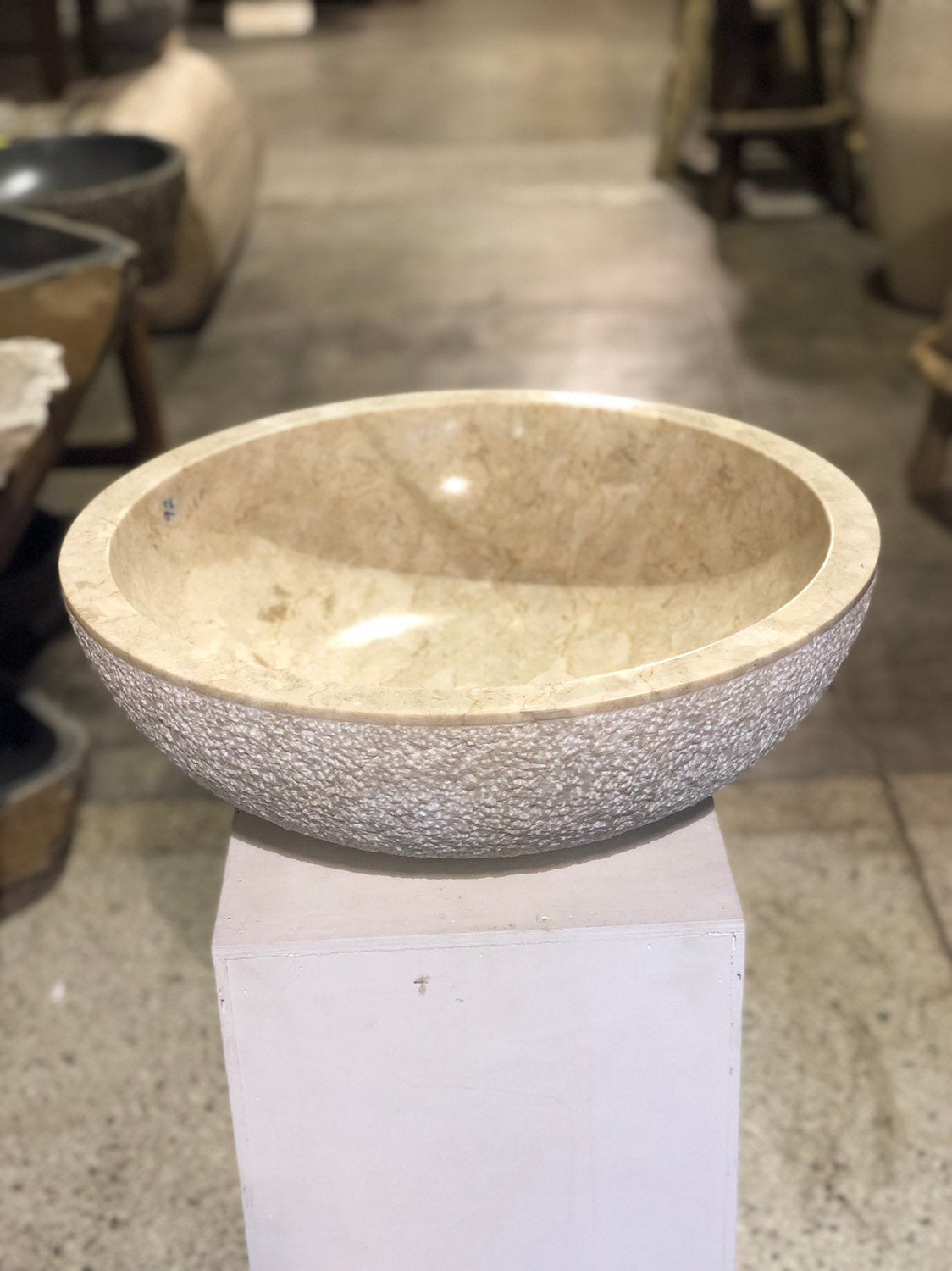 Large Natural Marble Vessel Sink | Hammer Finish Cream Color